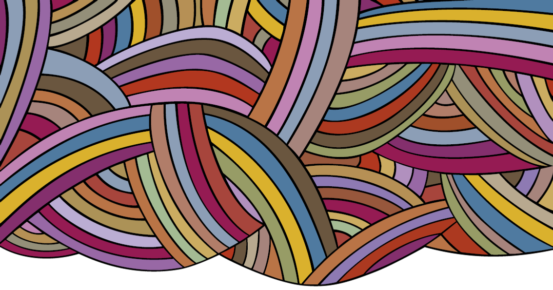 Tecknad illustration som föreställer en fläta, med trådar i olika färger.