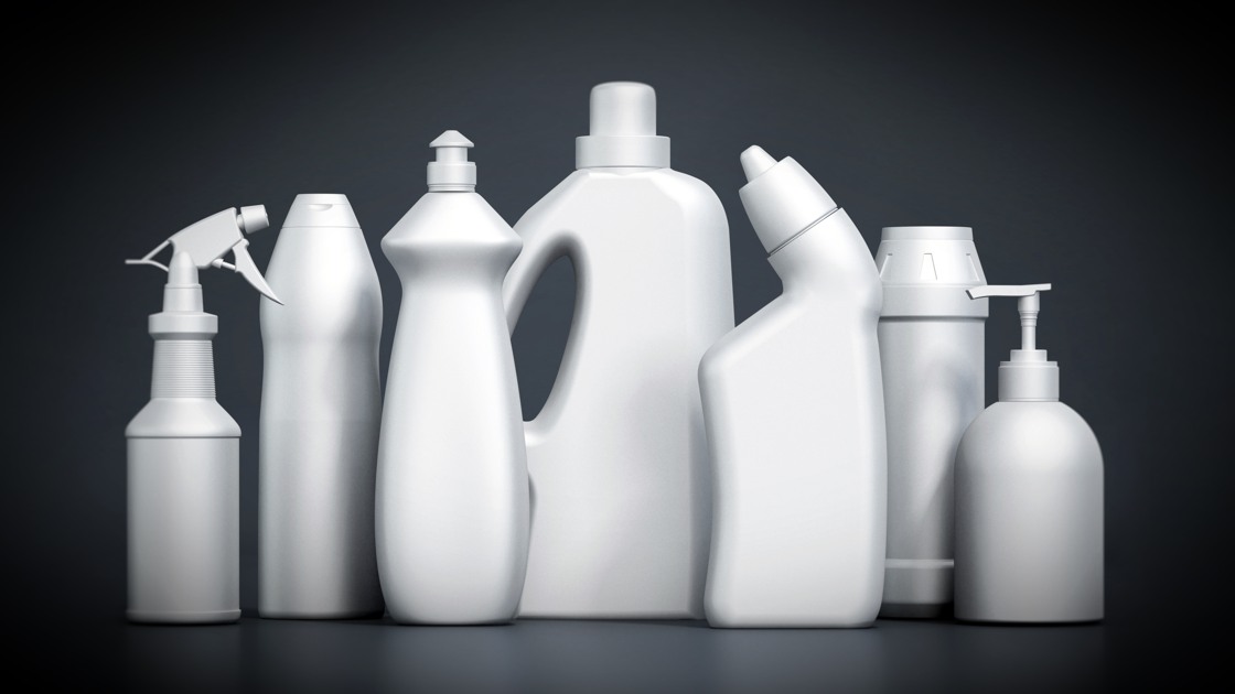 Blank cleaning product packages isolated on black background. 3D illustration.