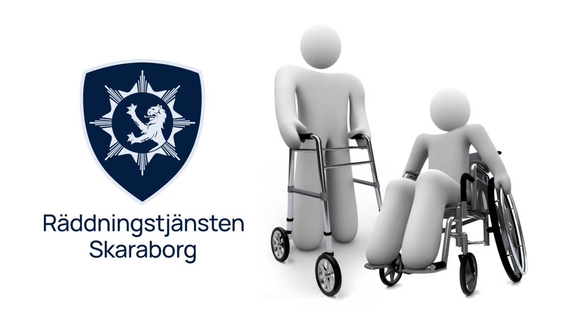 Bilden visar Räddningstjänsten Skaraborgs emblem samt två stiliserade individer med rörelsehinder