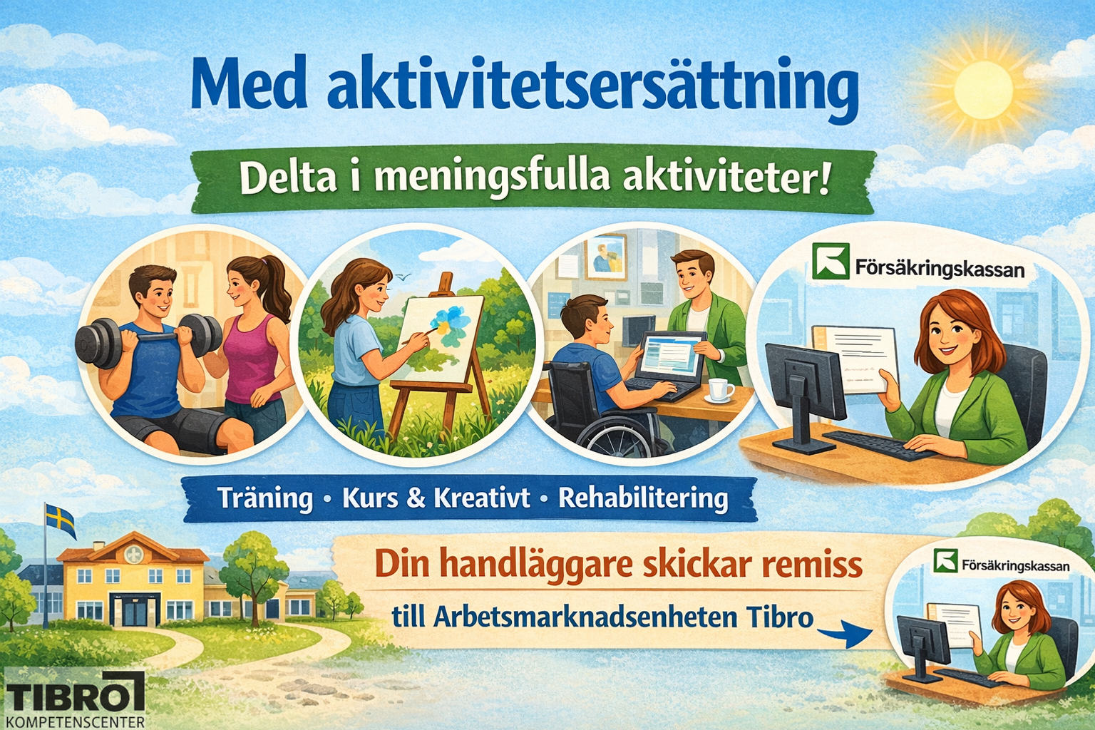 En affisch med en kvinna och två män som arbetar med datorer.