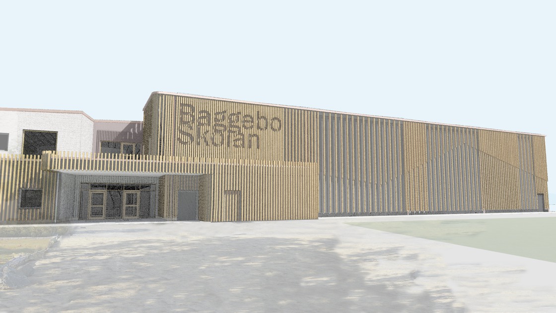 Illustration över Baggeboskolans huvudentré och idrottshall. 