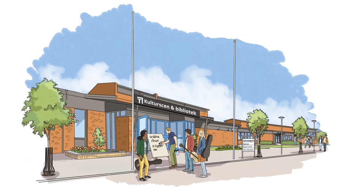 En illustration över huset där Tibros nya kulturscen ska byggas. En skylt med texten Kulturscen & bibliotek sitter över entrén. En person skriver Ursäkta röran, vi bygger om på en skylt.