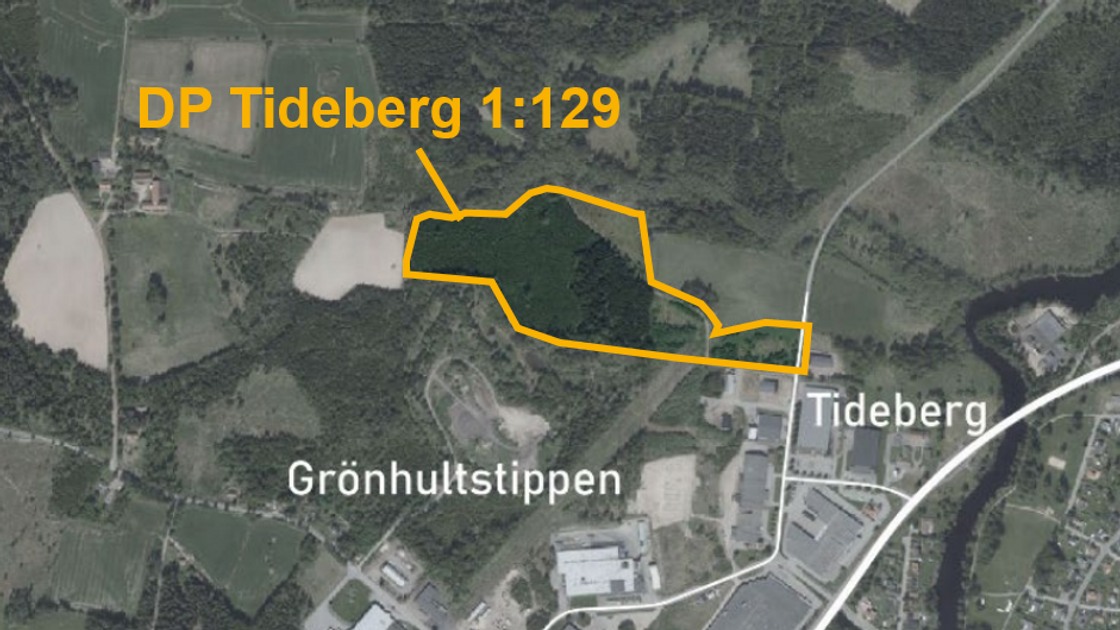 En översiktsbild av området för detaljplanen för del av Tideberg.