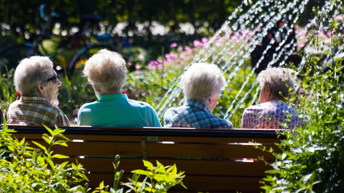 Pensionärer i samtal i parkmiljö.