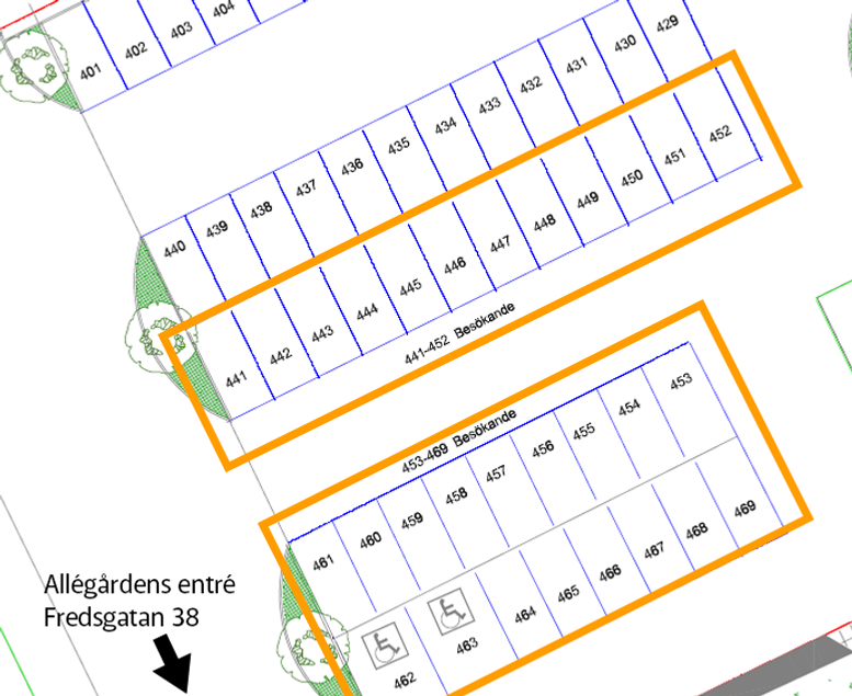 Bilden visar numrering av Allégårdens p-platser, Fredsgatan 38