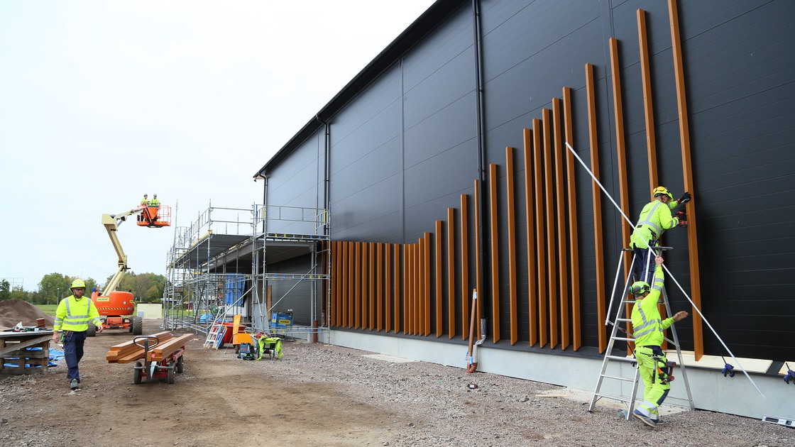 Montering av träribbor på Tibros nya sporthall.