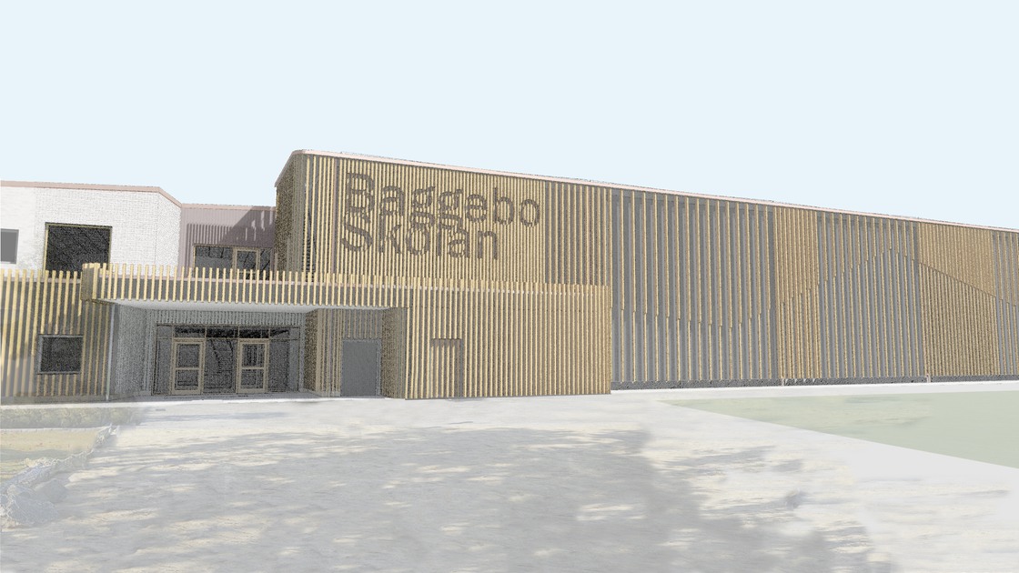 Illustration över Baggeboskolans huvudentré och idrottshall. 