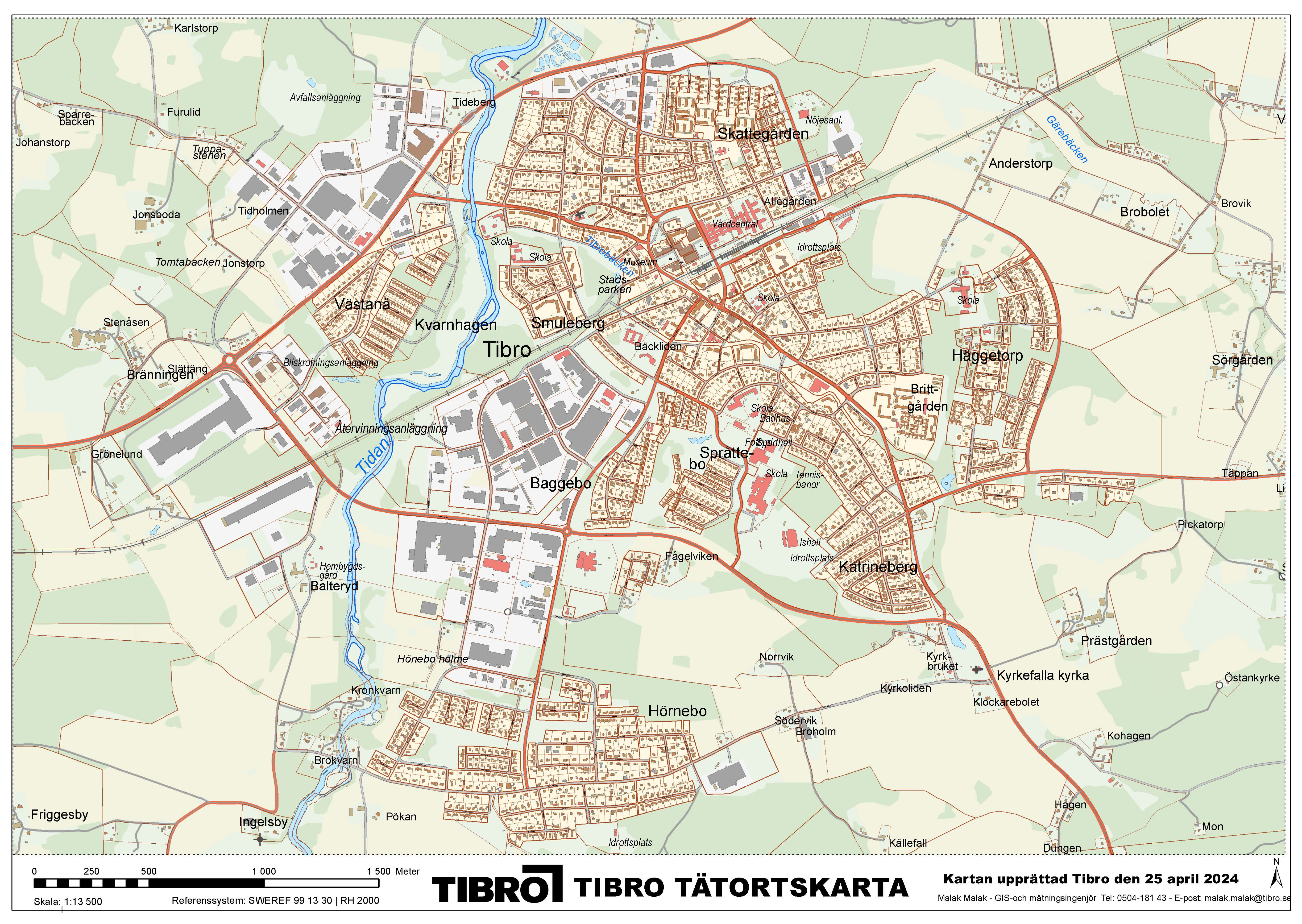 Karta över Tibro tätort från 2024.