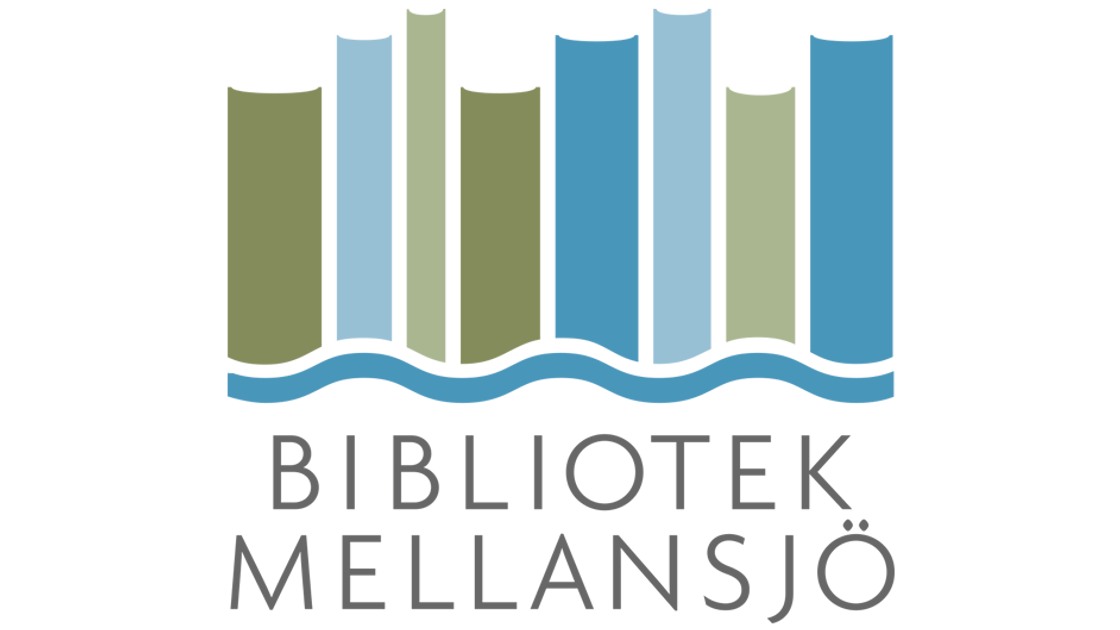 Logo för Bibliotek Mellansjö. Bokryggar i grön och blått. Under står Bibliotek Mellansjö.