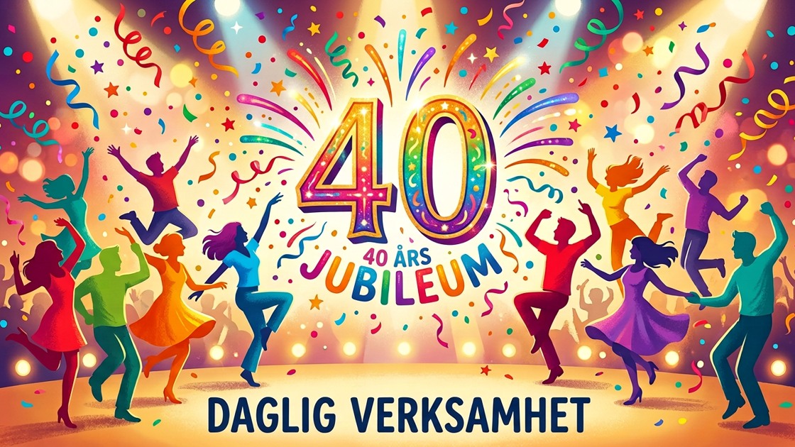 Bilden föreställer en illustration över ett 40-årsjubileum med färgglada siluetter av dansande människor.