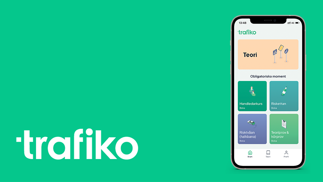 Grön bakgrund. Till höger i  bild en mobilskärm som visar appen. Till vänster står Trafiko.