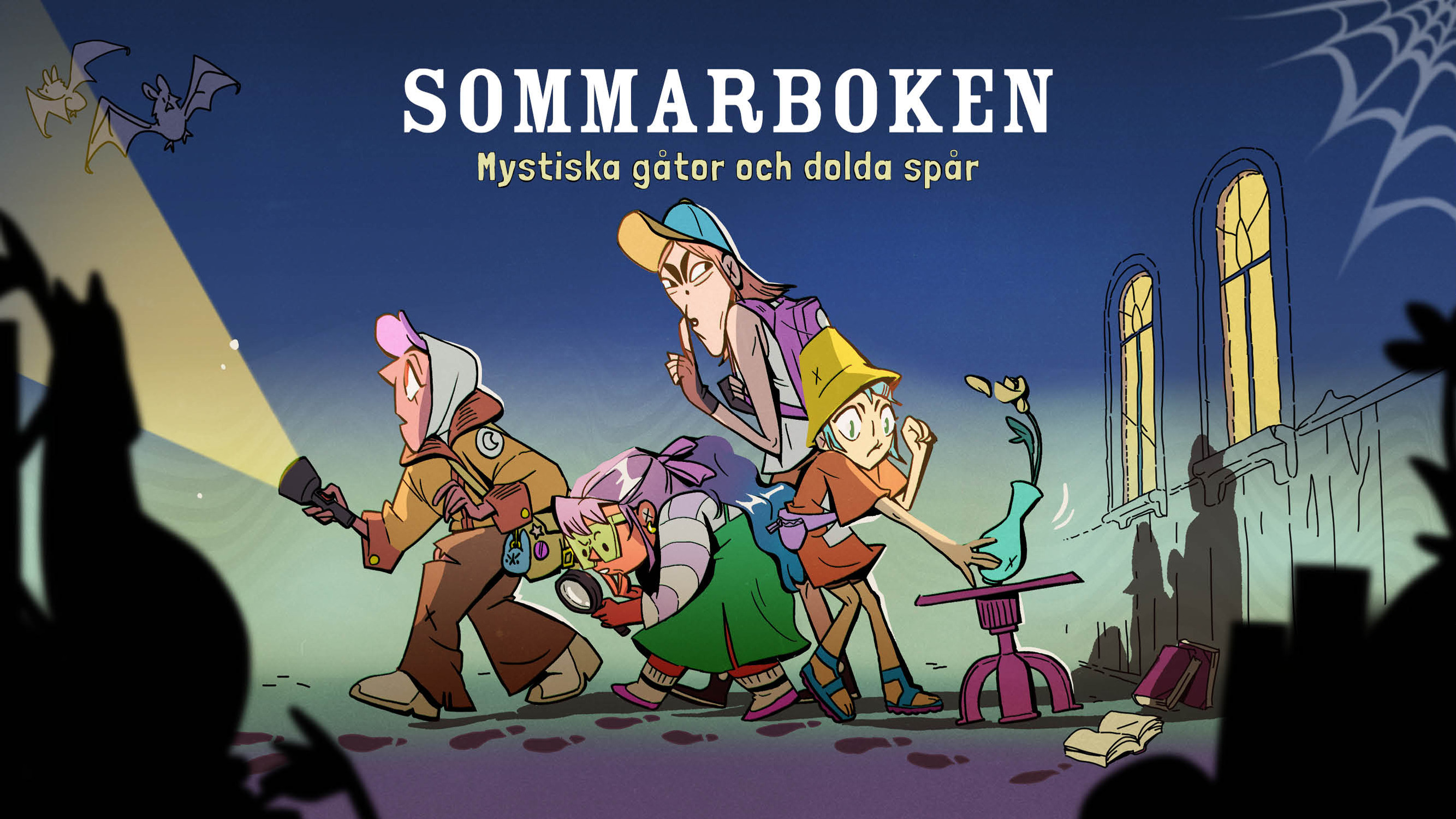 Tecknad illustration som föreställer fyra ungdomar i ett led som smyger fram i mörkret. Ungdomen längst fram håller i en ficklampa.