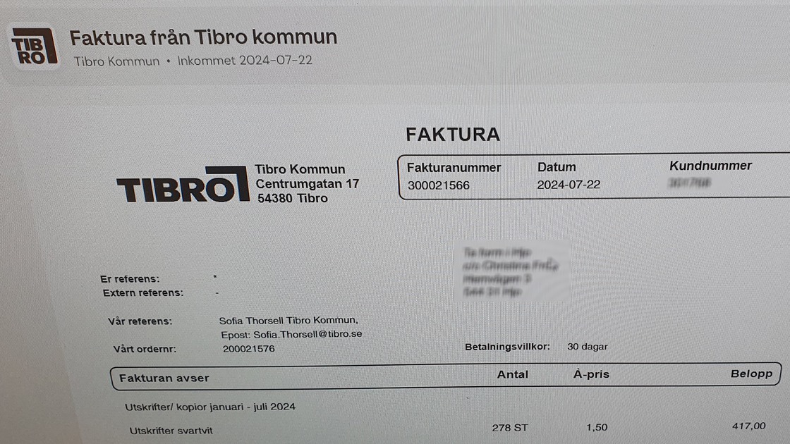 Faktura från Tibro kommun