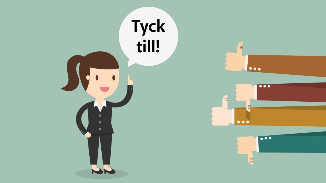 Illustration med en flicka som gör tummen upp och säger tyck till och händer som signalerar både negativ och positiv feedback.