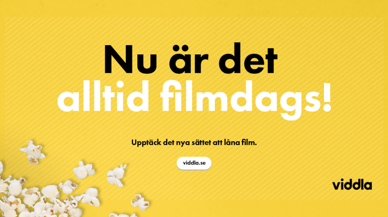 Skylt "Nu är det filmdags" mot gul bakgrund.